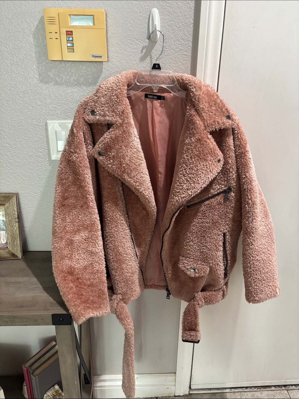 boohoo Dusty Pink Faux Shearling Biker Jacket